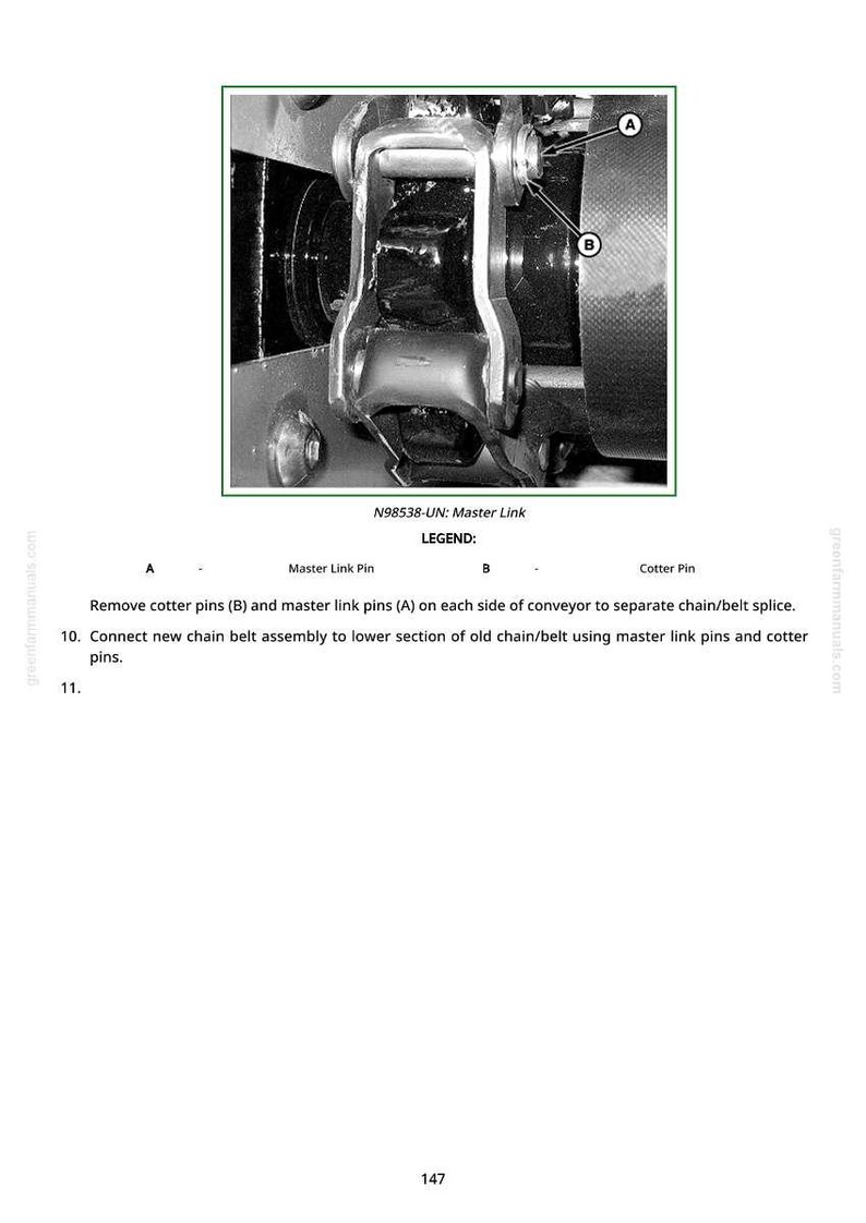 May include: Black and white diagram of a master link assembly, labeled with "N98538-UN: Master Link." The diagram includes labels for master link pins and cotter pins, with instructions for removing and connecting parts of a chain belt assembly.