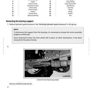 Op de afbeelding: Diagram uit een handleiding met de verwijdering van de lagersteun. De afbeelding bevat een legenda met genummerde onderdelen, instructies en een close-up van de machine met de labels A, B en C. Tekst bevat "LX1021517-UN: Removing shields."