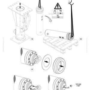 Puede incluir: Un diagrama de ingenier&iacute;a con varios componentes mec&aacute;nicos, incluyendo cilindros, anillos y una base. El diagrama incluye medidas en kilogramos y libras. La imagen tambi&eacute;n contiene el texto "KOMATSU 2022 rev 01".