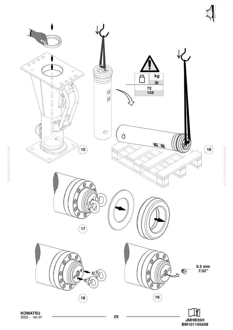 Puede incluir: Un diagrama de ingenier&iacute;a con varios componentes mec&aacute;nicos, incluyendo cilindros, anillos y una base. El diagrama incluye medidas en kilogramos y libras. La imagen tambi&eacute;n contiene el texto "KOMATSU 2022 rev 01".