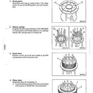 May include: Diagram of steering clutch assembly with labeled parts. Includes illustrations of clutch piston, sleeves, springs, clutch drum, and plates. Text instructions accompany each step of the assembly process.