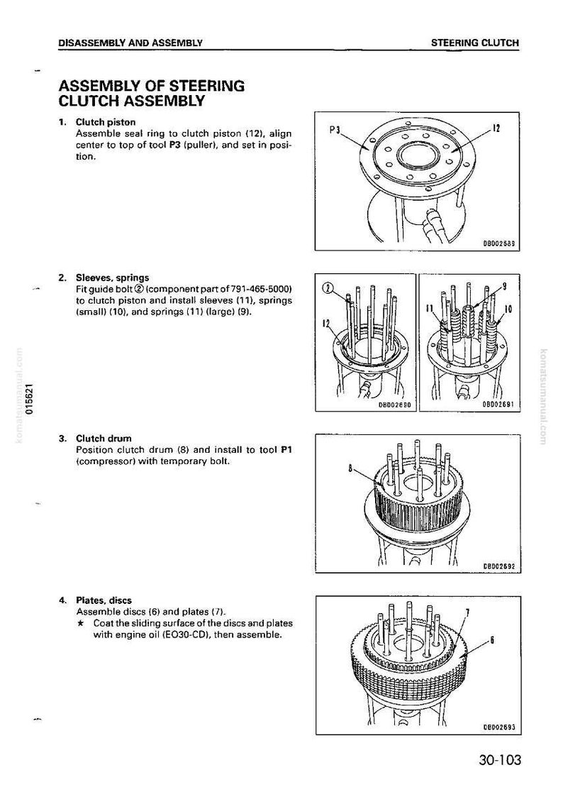 May include: Diagram of steering clutch assembly with labeled parts. Includes illustrations of clutch piston, sleeves, springs, clutch drum, and plates. Text instructions accompany each step of the assembly process.