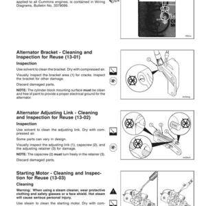 Op de afbeelding: Een pagina uit een technisch handboek met bedradingsschema's en instructies voor elektrische apparatuur, waaronder dynamo beugels, afstelverbindingen en startmotoren. De pagina bevat schema's en tekst voor reinigings- en inspectieprocedures.