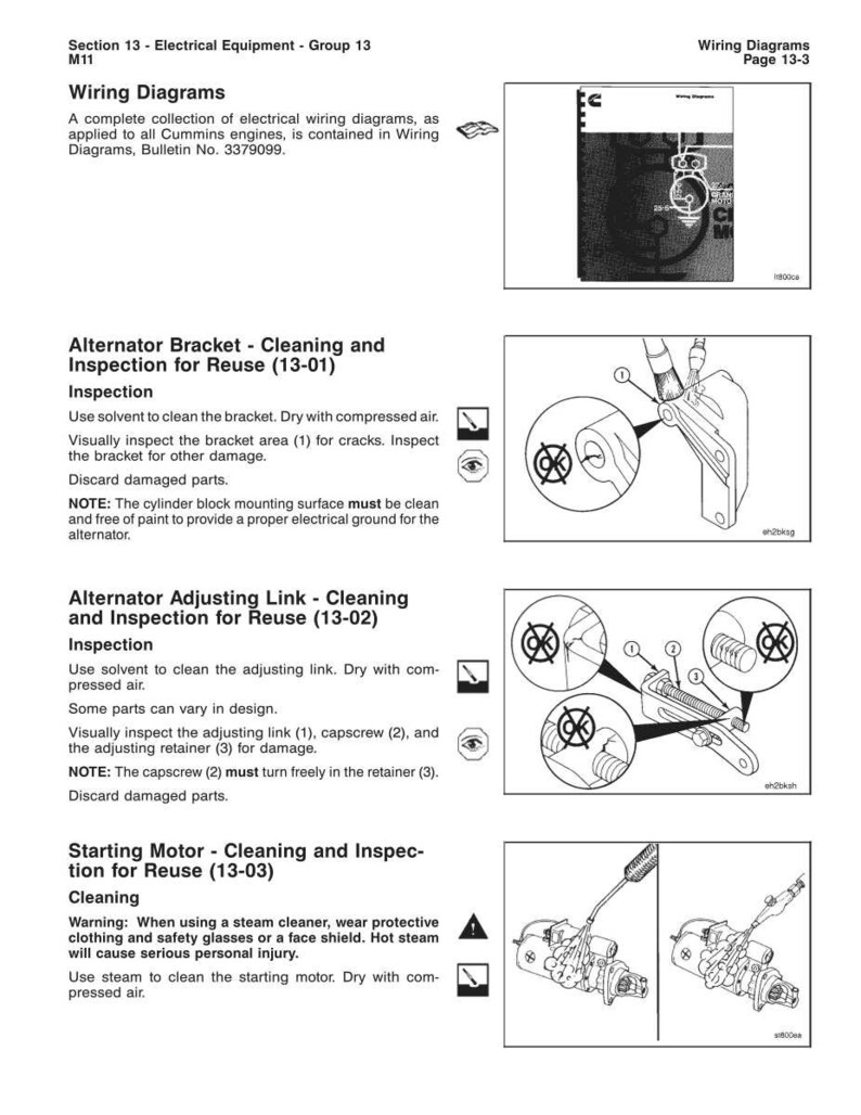Op de afbeelding: Een pagina uit een technisch handboek met bedradingsschema's en instructies voor elektrische apparatuur, waaronder dynamo beugels, afstelverbindingen en startmotoren. De pagina bevat schema's en tekst voor reinigings- en inspectieprocedures.
