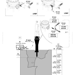 May include: Technical diagram of a Komatsu hydraulic breaker. The diagram includes measurements in inches and feet, along with pressure and torque specifications. The image also shows the air supply and other components.