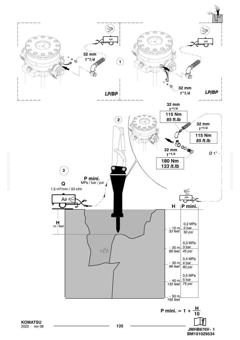 May include: Technical diagram of a Komatsu hydraulic breaker. The diagram includes measurements in inches and feet, along with pressure and torque specifications. The image also shows the air supply and other components.