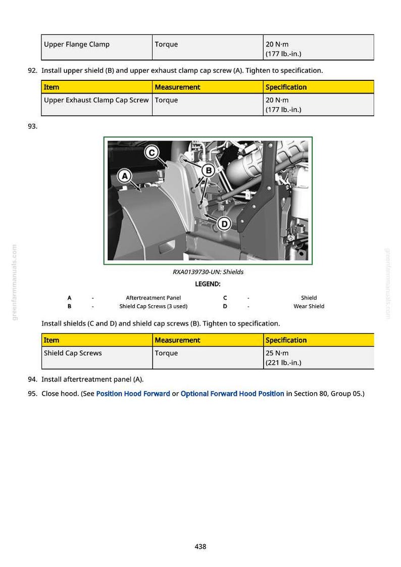 May include: Diagram from a manual detailing the installation of shields and screws on a mechanical component. The image includes a diagram with labels A, B, C, and D, and specifications for torque measurements in Newton-metres.