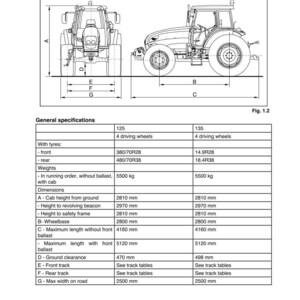 May include: Diagram of a tractor with dimensions and specifications. The image includes front and side views, with measurements in millimetres for cab height, wheelbase, and maximum length. The table lists weights and tyre sizes.