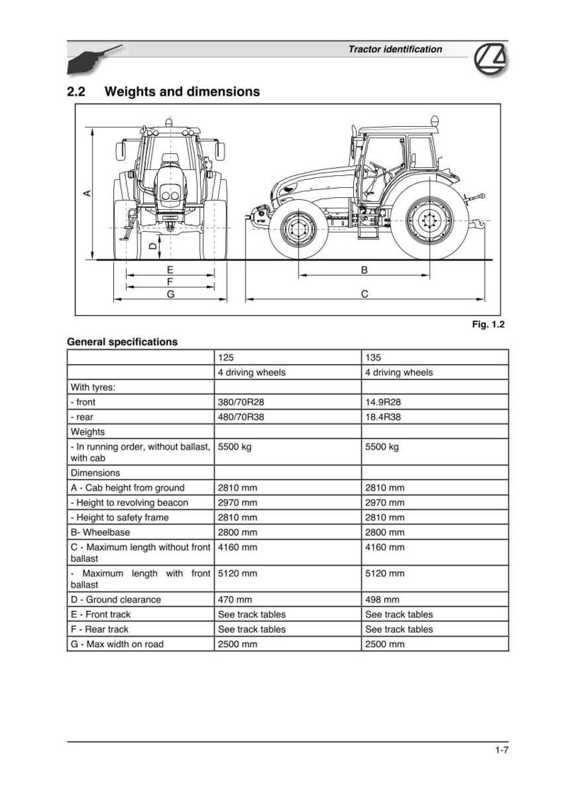 May include: Diagram of a tractor with dimensions and specifications. The image includes front and side views, with measurements in millimetres for cab height, wheelbase, and maximum length. The table lists weights and tyre sizes.