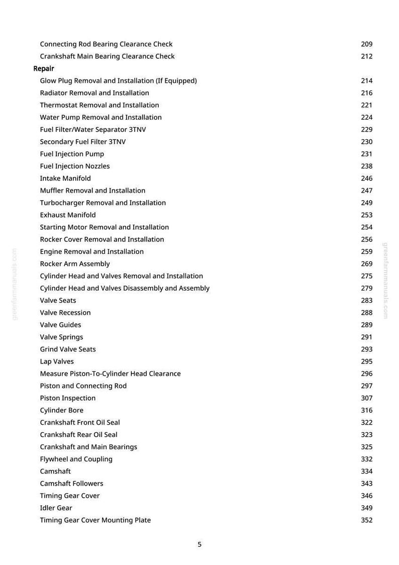 May include: A white page detailing automotive repair procedures, such as "Glow Plug Removal and Installation," "Fuel Injection Pump," and "Cylinder Bore." The page has a greenfantimanocom watermark.