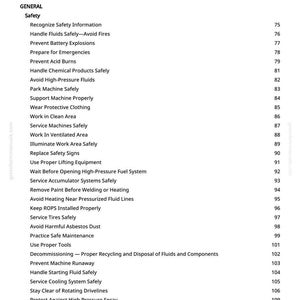 May include: A printed page titled "Table of Contents" from a manual. The table lists safety topics such as "Handle Fluids Safely," "Prevent Battery Explosions," and "Avoid Harmful Asbestos Dust."