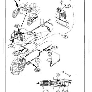 K&ouml;nnte beinhalten: Detaillierte technische Zeichnung von Maschinenkomponenten, mit verschiedenen Teilen, die mit Zahlen und Buchstaben gekennzeichnet sind. Die Zeichnung umfasst R&auml;der, Rohre und andere mechanische Elemente, alles in Schwarzwei&szlig;.