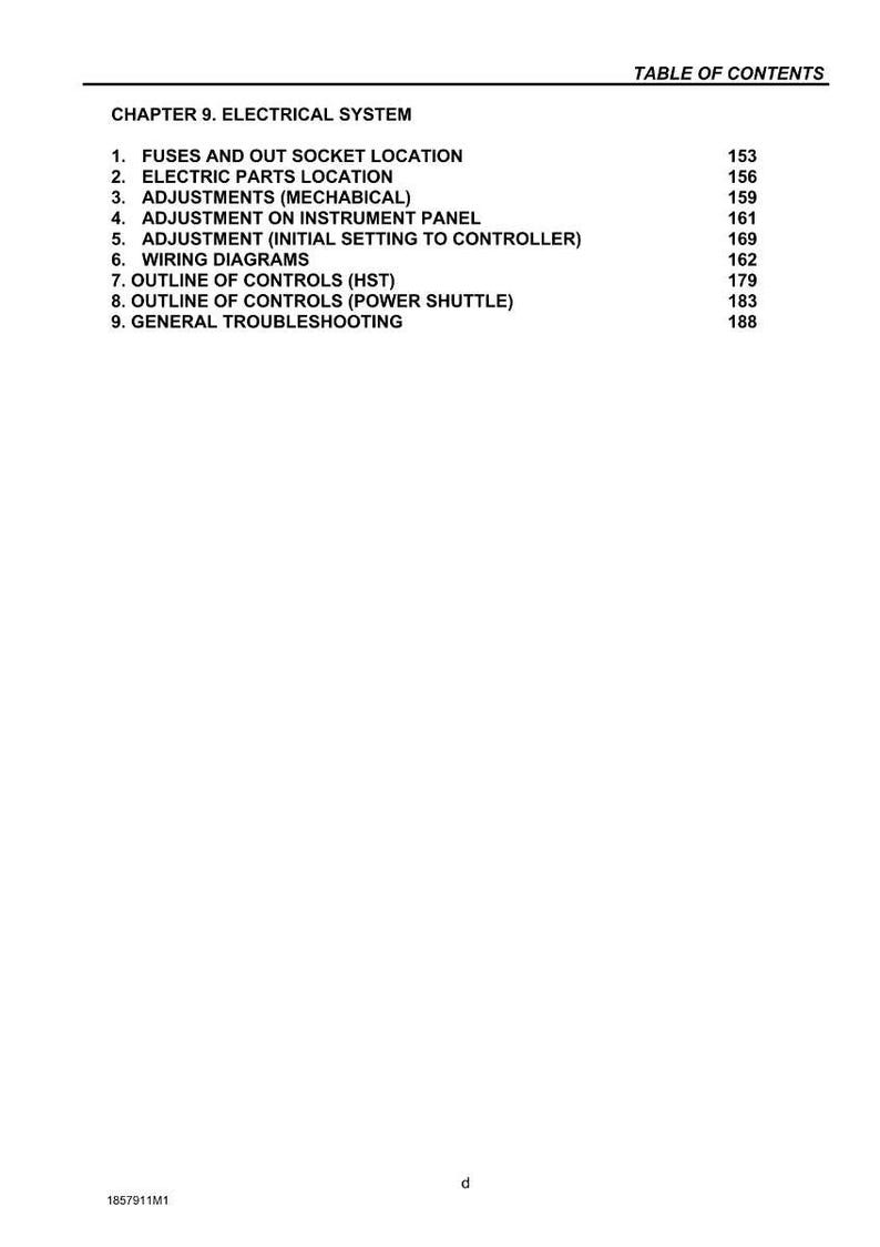 May include: A page from a manual with the title "Table of Contents". The text lists topics related to the electrical system, including fuses, adjustments, and wiring diagrams. Page numbers are listed to the right.
