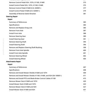 May include: A page from a repair manual with a list of procedures and corresponding page numbers. The text includes instructions for mower and steering repairs, such as removing and installing parts. The page is white with black text.
