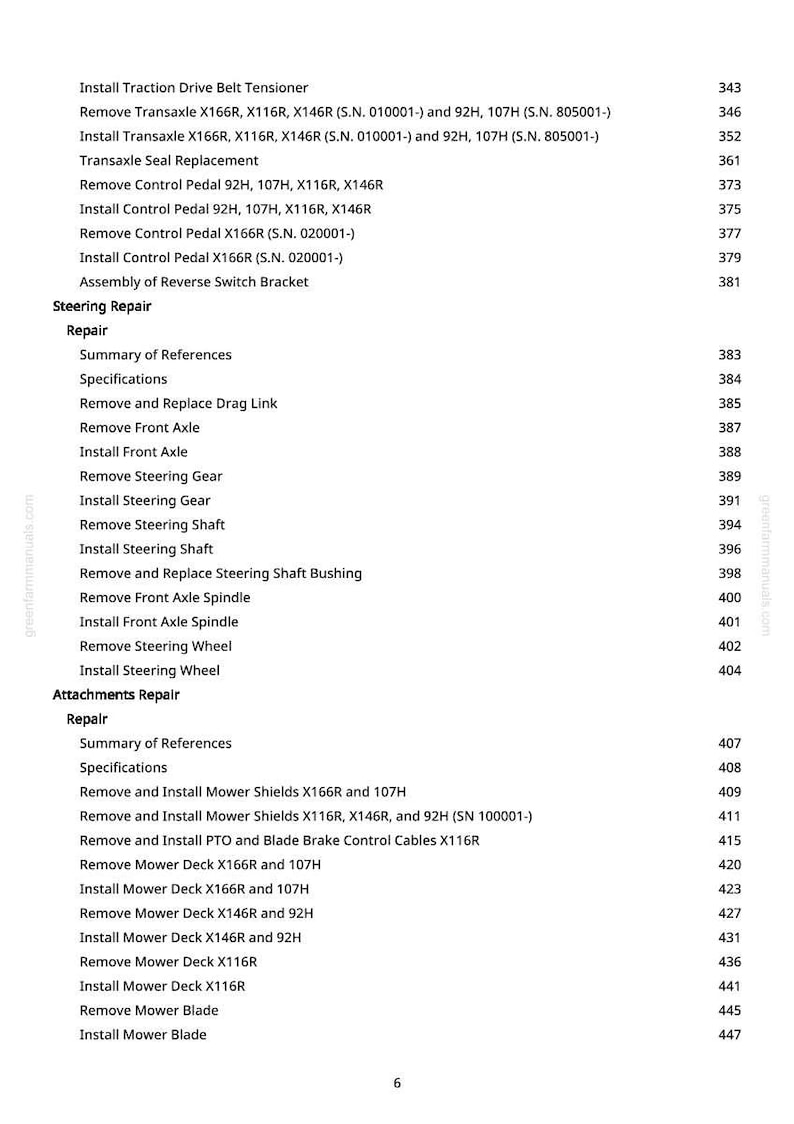 May include: A page from a repair manual with a list of procedures and corresponding page numbers. The text includes instructions for mower and steering repairs, such as removing and installing parts. The page is white with black text.