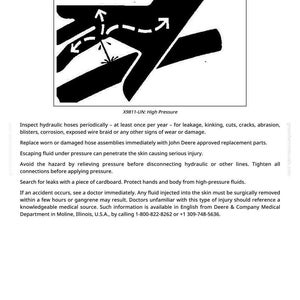 Puede incluir: Ilustraci&oacute;n en blanco y negro que advierte sobre fluidos a alta presi&oacute;n. La imagen muestra una mano con flechas que indican el flujo de fluido y los peligros potenciales. El texto aconseja sobre medidas de seguridad y asistencia m&eacute;dica.