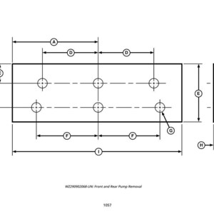 K&ouml;nnte beinhalten: Technische Zeichnung einer rechteckigen Platte mit neun kreisf&ouml;rmigen L&ouml;chern, beschriftet mit den Ma&szlig;en A bis I. Das Diagramm enth&auml;lt eine Seitenansicht und Text, der auf den Ausbau der vorderen und hinteren Pumpe hinweist. Die Nummer 1057 ist ebenfalls vorhanden.
