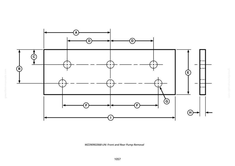 K&ouml;nnte beinhalten: Technische Zeichnung einer rechteckigen Platte mit neun kreisf&ouml;rmigen L&ouml;chern, beschriftet mit den Ma&szlig;en A bis I. Das Diagramm enth&auml;lt eine Seitenansicht und Text, der auf den Ausbau der vorderen und hinteren Pumpe hinweist. Die Nummer 1057 ist ebenfalls vorhanden.