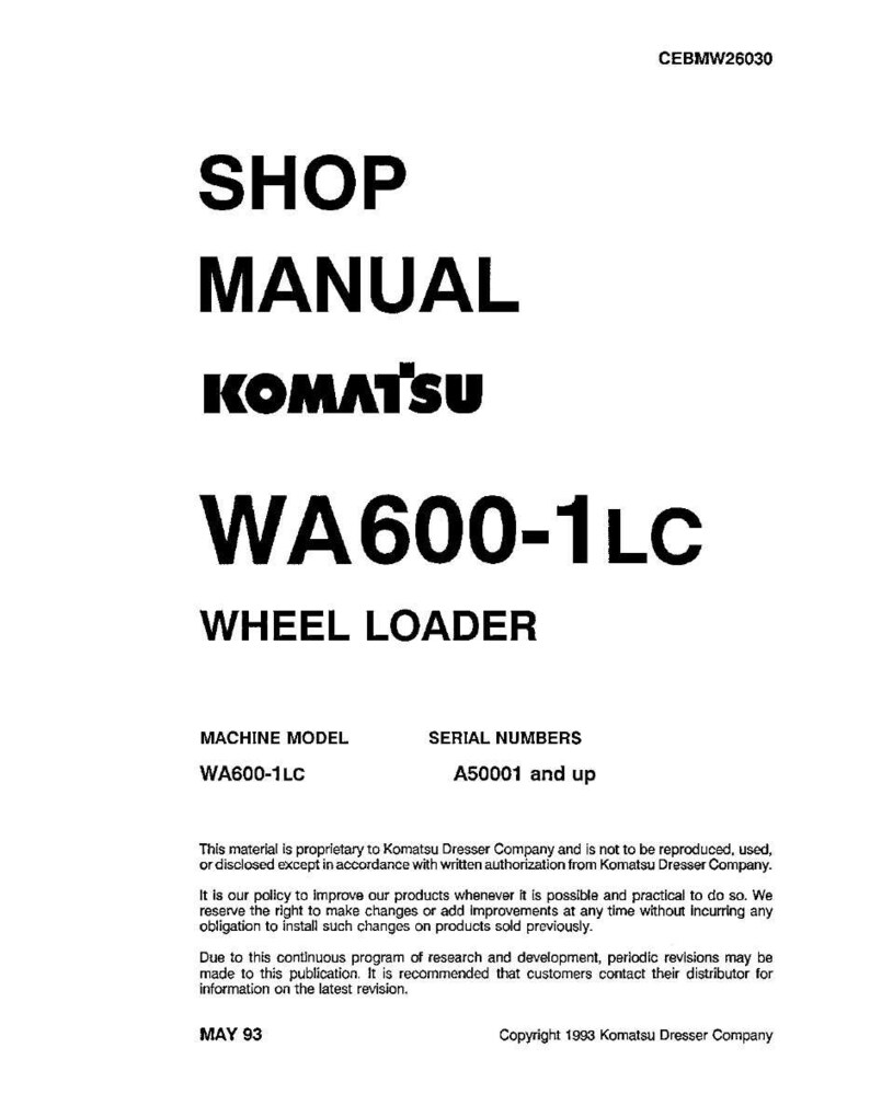 May include: A white shop manual for a Komatsu WA600-1LC wheel loader. The cover features the text "SHOP MANUAL" and "KOMATSU" in bold black font. The model number and serial numbers are also displayed.