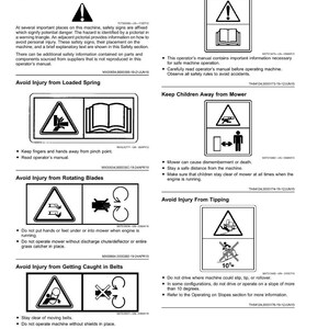 Peut inclure: Une page de manuel d'utilisation avec des &eacute;tiquettes de s&eacute;curit&eacute; et des avertissements. Les &eacute;tiquettes utilisent des pictogrammes dans des triangles d'avertissement pour indiquer les dangers potentiels, tels que les ressorts charg&eacute;s, les lames rotatives et le basculement. Le texte fournit des instructions.