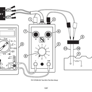 May include: A diagram illustrating a two-wire test box setup. The image features a multimeter, a 24V battery, and a test box with multiple connection points and a rotary dial. The text "TX1137638" is present.