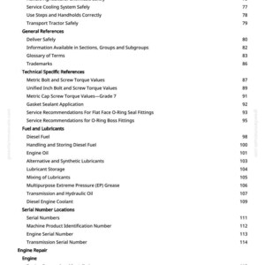 Puede incluir: Una p&aacute;gina de manual con un &iacute;ndice. El texto incluye instrucciones de seguridad, referencias generales, especificaciones t&eacute;cnicas, combustibles y lubricantes, y temas de reparaci&oacute;n de motores. Los n&uacute;meros de p&aacute;gina est&aacute;n a la derecha.