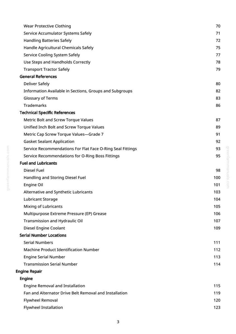 Puede incluir: Una p&aacute;gina de manual con un &iacute;ndice. El texto incluye instrucciones de seguridad, referencias generales, especificaciones t&eacute;cnicas, combustibles y lubricantes, y temas de reparaci&oacute;n de motores. Los n&uacute;meros de p&aacute;gina est&aacute;n a la derecha.