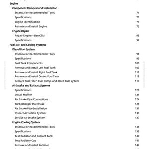 May include: A page from a manual with a table of contents for engine repair and maintenance. The text includes sections on fuel, air, cooling systems, and engine repair, with page numbers listed.