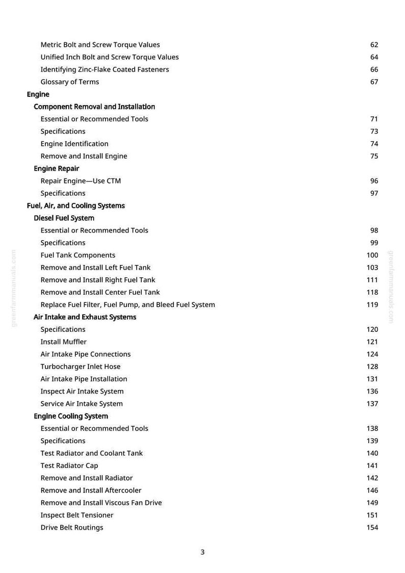 May include: A page from a manual with a table of contents for engine repair and maintenance. The text includes sections on fuel, air, cooling systems, and engine repair, with page numbers listed.