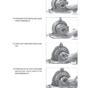 May include: Diagram of automotive differential assembly steps. Includes images with text instructions: Place bearing outer ring, fix bearing outer ring, install crown wheel-sided bearing outer ring, and fix crown wheel-sided bearing outer ring.