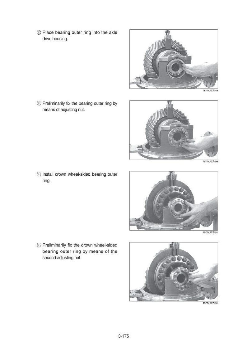 May include: Diagram of automotive differential assembly steps. Includes images with text instructions: Place bearing outer ring, fix bearing outer ring, install crown wheel-sided bearing outer ring, and fix crown wheel-sided bearing outer ring.
