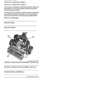 May include: Product identification page with a diagram of a mower and spaces to record information. Text includes model numbers, a diagram of the mower, and fields for the date of purchase, dealer name, and phone.