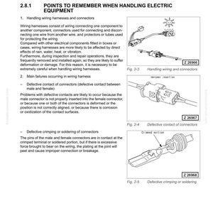 May include: A technical manual page detailing the handling of electric equipment and hydraulic components. Includes diagrams of wiring harnesses, connectors, and potential failure points like defective contacts and crimping issues. Text includes troubleshooting information.