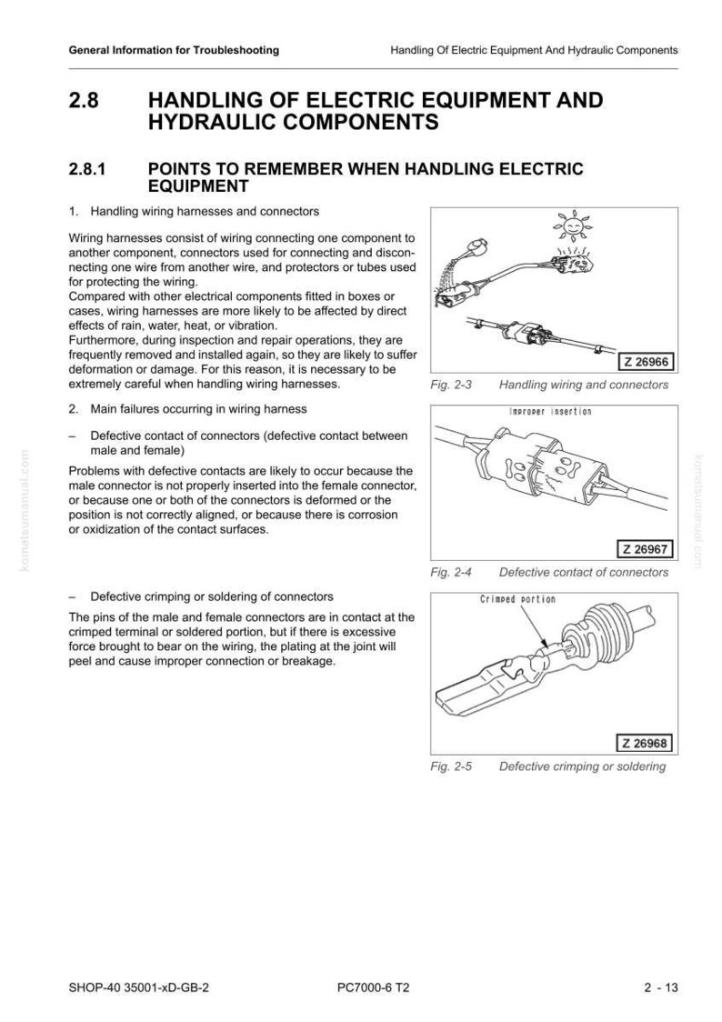 May include: A technical manual page detailing the handling of electric equipment and hydraulic components. Includes diagrams of wiring harnesses, connectors, and potential failure points like defective contacts and crimping issues. Text includes troubleshooting information.