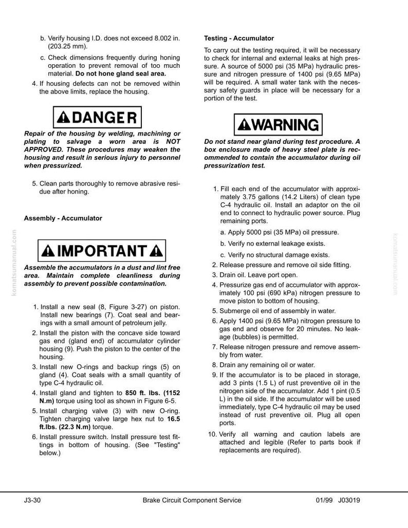 Puede incluir: Diagrama t&eacute;cnico con advertencias de seguridad e instrucciones para el servicio de componentes del circuito de freno. Incluye pasos para el montaje, prueba y mantenimiento del acumulador.