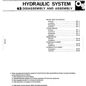 K&ouml;nnte beinhalten: Eine Seite aus einem Handbuch mit dem Titel "HYDRAULIKSYSTEM 63 DEMONTAGE UND MONTAGE". Das Dokument enth&auml;lt ein Inhaltsverzeichnis mit Abschnitten zu Drehgelenken, Fahrmotoren und Hydraulikzylindern.