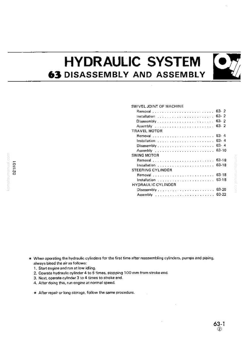 K&ouml;nnte beinhalten: Eine Seite aus einem Handbuch mit dem Titel "HYDRAULIKSYSTEM 63 DEMONTAGE UND MONTAGE". Das Dokument enth&auml;lt ein Inhaltsverzeichnis mit Abschnitten zu Drehgelenken, Fahrmotoren und Hydraulikzylindern.
