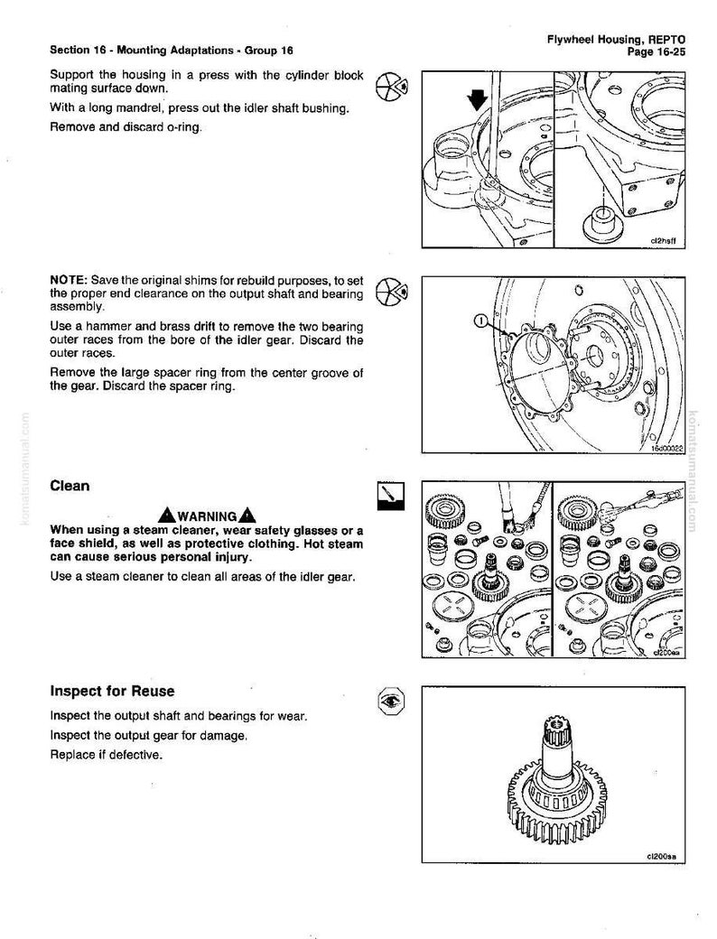 May include: Technical diagram from a manual showing mechanical components. The image includes detailed illustrations of engine parts, including gears, housings, and shafts, with accompanying text instructions for assembly and maintenance.