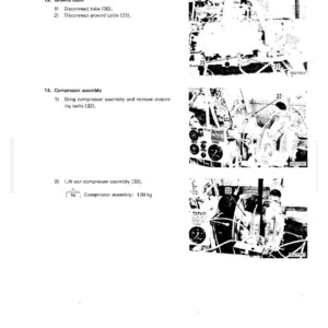 Puede incluir: Un diagrama t&eacute;cnico de un manual que detalla el desmontaje y montaje de un compresor. La imagen incluye pasos numerados, diagramas e instrucciones de texto. El conjunto del compresor pesa 120 kg.