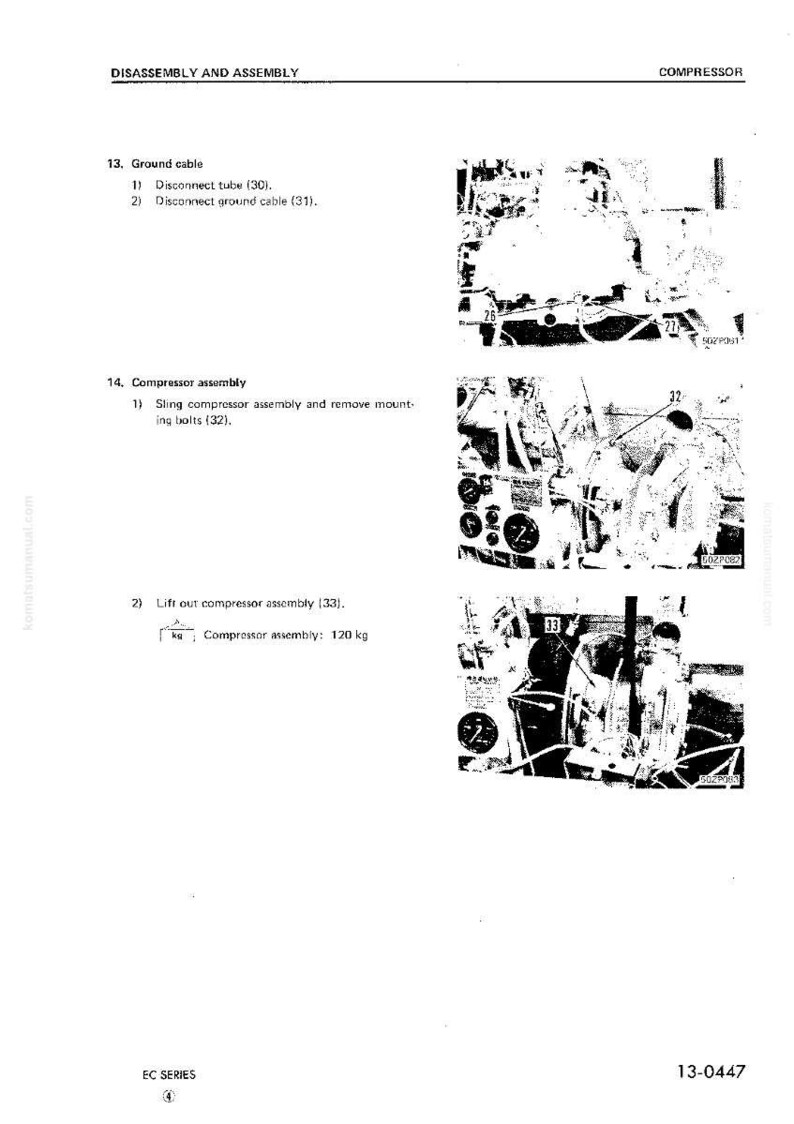 Puede incluir: Un diagrama t&eacute;cnico de un manual que detalla el desmontaje y montaje de un compresor. La imagen incluye pasos numerados, diagramas e instrucciones de texto. El conjunto del compresor pesa 120 kg.