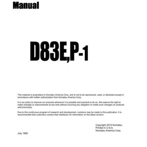 May include: A white document featuring the text "Shop Manual" and "D83E,P-1" in bold black lettering. The document contains copyright details from Komatsu America Corp. and the date July 1992.