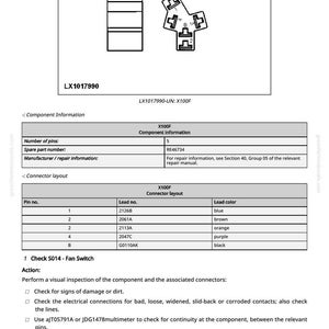 May include: Technical diagram of an electrical component, LX1017990, showing connector layouts and pin details. Includes a table with lead colours: blue, brown, orange, purple, and black. Text provides inspection and testing instructions.
