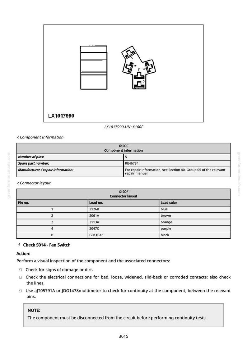 May include: Technical diagram of an electrical component, LX1017990, showing connector layouts and pin details. Includes a table with lead colours: blue, brown, orange, purple, and black. Text provides inspection and testing instructions.