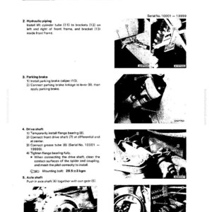 May include: A page from a manual detailing the disassembly and assembly of a front differential. The text describes steps for hydraulic piping, parking brake, drive shaft, and axle shaft installation. Includes diagrams and part numbers.