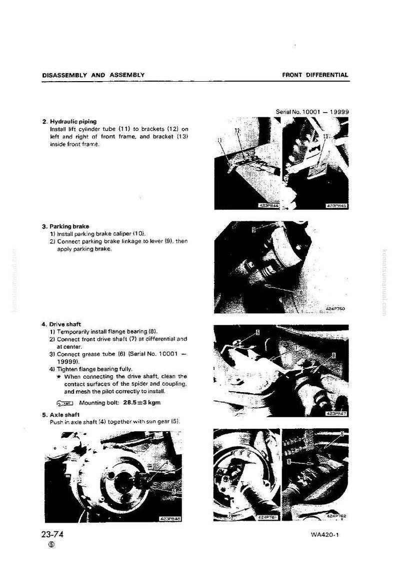 May include: A page from a manual detailing the disassembly and assembly of a front differential. The text describes steps for hydraulic piping, parking brake, drive shaft, and axle shaft installation. Includes diagrams and part numbers.