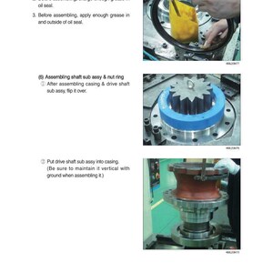 May include: Image showing the assembly of mechanical components. The steps include applying grease and assembling parts like a shaft sub assy and nut ring. The image also shows a drive shaft sub assy being put into a casing.