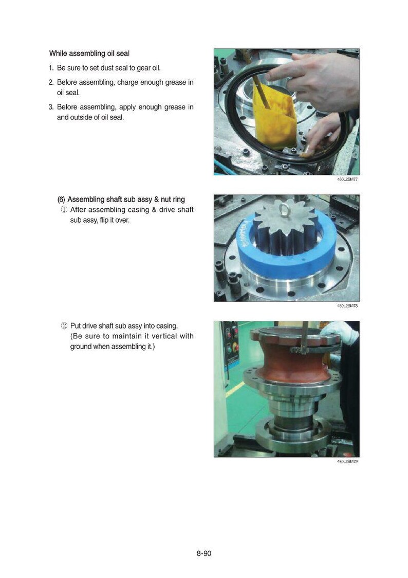 May include: Image showing the assembly of mechanical components. The steps include applying grease and assembling parts like a shaft sub assy and nut ring. The image also shows a drive shaft sub assy being put into a casing.