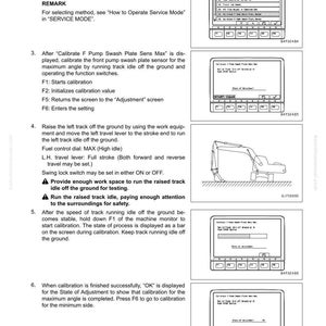 K&ouml;nnte beinhalten: Eine Seite aus einem technischen Handbuch mit Anweisungen zur Kalibrierung eines Maschinenmonitors. Die Seite enth&auml;lt Diagramme des Monitorbildschirms und ein Diagramm einer schweren Maschine. Der Text enth&auml;lt Kalibrierungsschritte und Sicherheitshinweise.