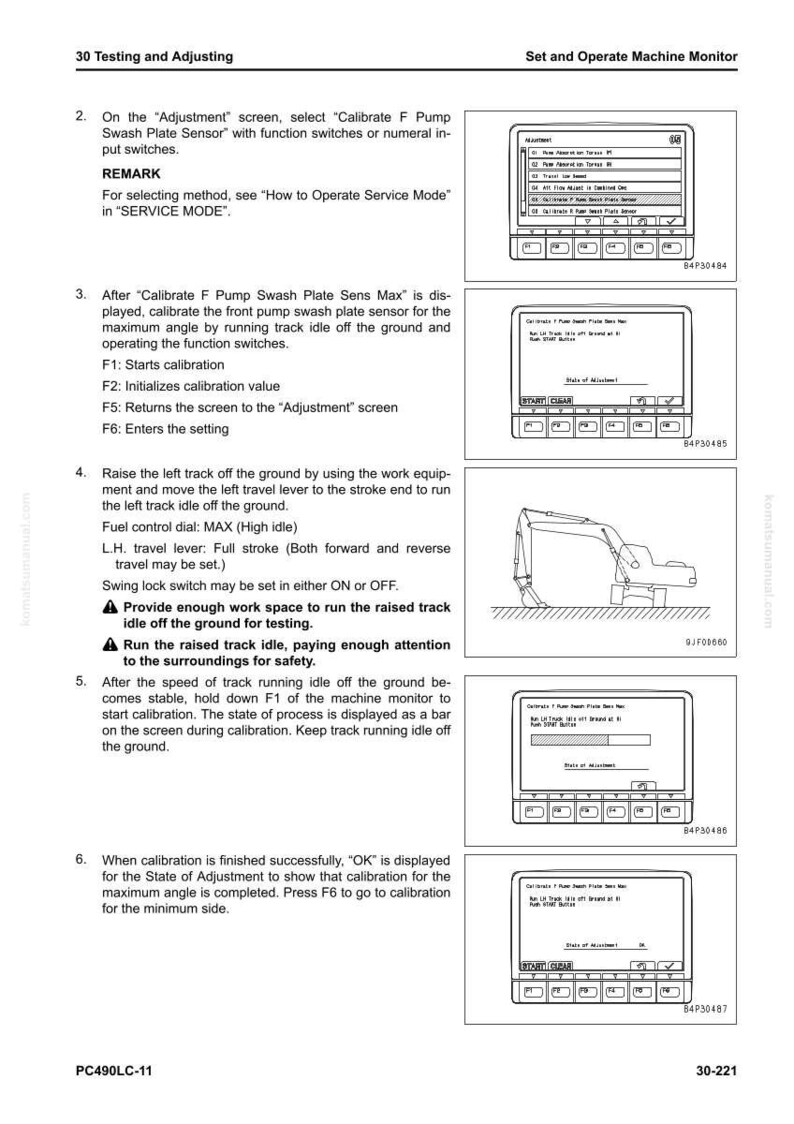 K&ouml;nnte beinhalten: Eine Seite aus einem technischen Handbuch mit Anweisungen zur Kalibrierung eines Maschinenmonitors. Die Seite enth&auml;lt Diagramme des Monitorbildschirms und ein Diagramm einer schweren Maschine. Der Text enth&auml;lt Kalibrierungsschritte und Sicherheitshinweise.