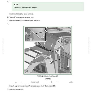 Pu&ograve; includere: Diagramma che illustra la procedura per rimuovere e installare un gruppo cofano accumulatore. L'immagine include istruzioni, diagrammi ed etichette per il gruppo condotto dell'aria. Il testo indica che la procedura richiede due persone.